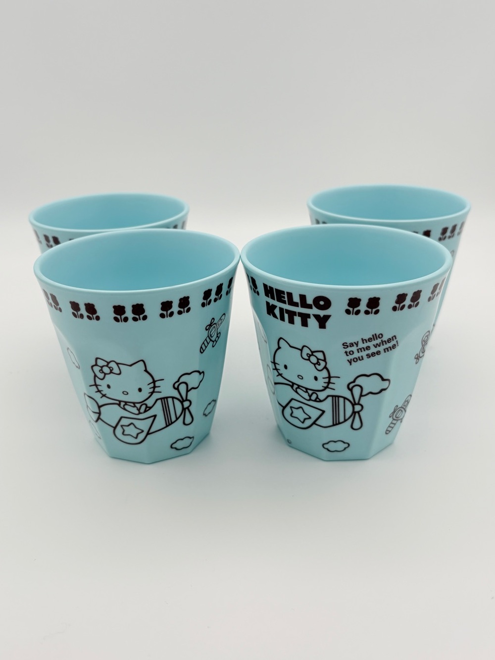Sanrio Hello Kitty Blue Melamine Cups Tumblers Set of 4 Airplane Retro 2010